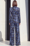 Peak Lapel 2 Piece Black Silver Floral Women Suits with Pockets