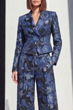 Peak Lapel 2 Piece Black Silver Floral Women Suits with Pockets