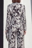 Peak Lapel 2 Piece Black Silver Floral Women Suits with Pockets