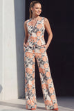 Navy Floral Double Breasted 2 Piece Women Suits with Pockets