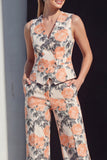 Navy Floral Double Breasted 2 Piece Women Suits with Pockets