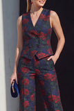 Navy Floral Double Breasted 2 Piece Women Suits with Pockets