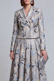 2 Piece Ivory Yellow Flower Peak Lapel Women's Skirt Suits with Pockets