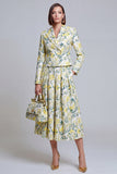2 Piece Ivory Yellow Flower Peak Lapel Women's Skirt Suits with Pockets