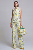 Grey Blue Jacquard Floral 2 Piece Peak Lapel Women's Suits