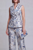 Grey Blue Jacquard Floral 2 Piece Peak Lapel Women's Suits