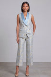 Blue 2 Piece Shawl Lapel Floral Double Breasted Women's Suits with Pockets