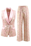 Blue 2 Piece Shawl Lapel Floral Double Breasted Women's Suits with Pockets