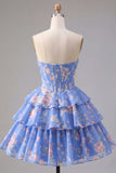 A-Line Yellow Strapless Corset Floral Tiered Homecoming Dress