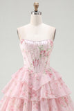 A-Line Yellow Strapless Corset Floral Tiered Homecoming Dress