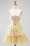A-Line Yellow Strapless Corset Floral Tiered Short Formal Dress