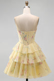 A-Line Yellow Strapless Corset Floral Tiered Short Formal Dress