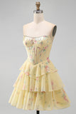 A-Line Yellow Strapless Corset Floral Tiered Short Formal Dress