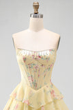 A-Line Yellow Strapless Corset Floral Tiered Short Formal Dress