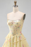 A-Line Yellow Strapless Corset Floral Tiered Short Formal Dress