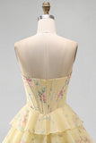 A-Line Yellow Strapless Corset Floral Tiered Short Formal Dress