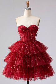 A-Line Burgundy Sweetheart Corset Tiered Sequins Short Formal Dress