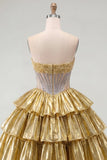 Golden A-Line Strapless Sheer Corset Tiered Homecoming Dress with Beading