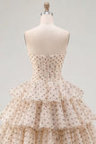 Apricot Black Dot A-Line Sweetheart Chiffon Tiered Homecoming Dress with Bow
