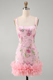 Pink Square Neck Bodycon Floral Sequins Short Formal Dress with Ruffles