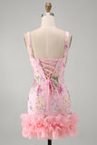 Pink Square Neck Bodycon Floral Sequins Short Formal Dress with Ruffles