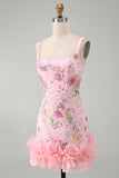 Pink Square Neck Bodycon Floral Sequins Short Formal Dress with Ruffles