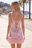 Pink Square Neck Bodycon Floral Sequins Homecoming Dress with Ruffles