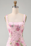 Pink Square Neck Bodycon Floral Sequins Short Formal Dress with Ruffles