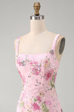 Pink Square Neck Bodycon Floral Sequins Short Formal Dress with Ruffles