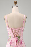 Pink Square Neck Bodycon Floral Sequins Short Formal Dress with Ruffles