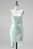 Mint Strapless Bodycon Corset Short Formal Dress with Slit