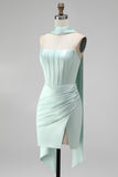 Mint Strapless Bodycon Corset Short Formal Dress with Slit