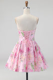 Pink Strapless A-Line Sequin Floral Homecoming Dress with Lace Up Back