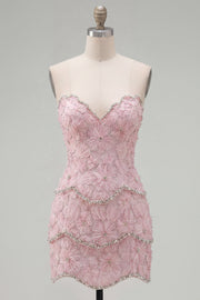 Sweetheart Pink Bodycon Short Formal Dress with Beading