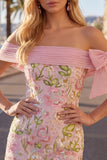 Off the Shoulder Pink Bodycon Floral Homecoming Dress with Sequins