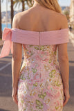 Off the Shoulder Pink Bodycon Floral Homecoming Dress with Sequins