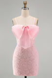 Pink Bodycon Spaghetti Straps Beaded Floral Short Formal Dress with Bow