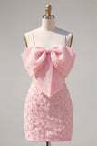 Pink Bodycon Spaghetti Straps Beaded Floral Homecoming Dress with Bow