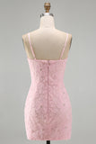 Pink Bodycon Spaghetti Straps Beaded Floral Short Formal Dress with Bow