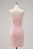 Pink Bodycon Spaghetti Straps Beaded Floral Homecoming Dress with Bow