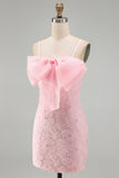 Pink Bodycon Spaghetti Straps Beaded Floral Short Formal Dress with Bow