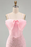 Pink Bodycon Spaghetti Straps Beaded Floral Short Formal Dress with Bow