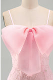 Pink Bodycon Spaghetti Straps Beaded Floral Short Formal Dress with Bow