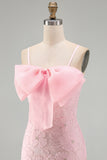 Pink Bodycon Spaghetti Straps Beaded Floral Short Formal Dress with Bow