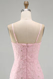 Pink Bodycon Spaghetti Straps Beaded Floral Short Formal Dress with Bow