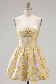Yellow A-Line Spaghetti Straps Floral Short Formal Dress