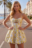 Yellow A-Line Spaghetti Straps Floral Homecoming Dress