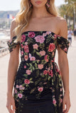 Black Off the Shoulder Bodycon Floral Homecoming Dress with Sash