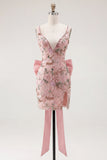 Pink V-Neck Bodycon Floral Homecoming Dress with Slit