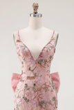 Pink V-Neck Bodycon Floral Homecoming Dress with Slit